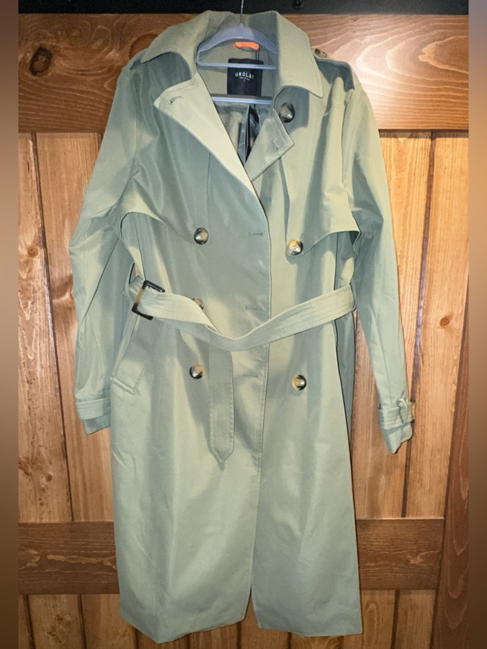 OROLAY Olive Green Double-Breasted Trench Coat with Belt